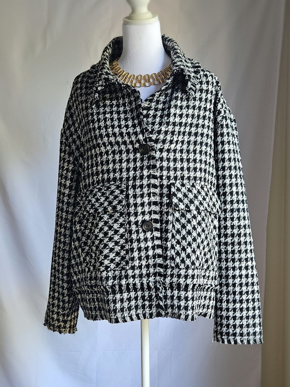 Johnston & Murphy NWT Black White Houndstooth Tweed Shacket Jacket Fringe L - Picture 2 of 15